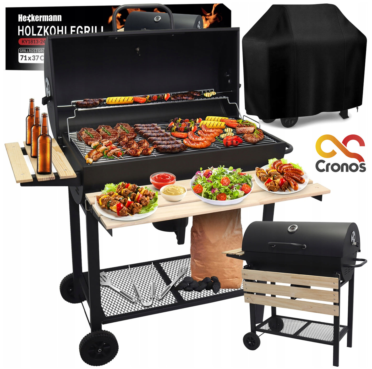 CRONOS HECKERMANN - Holzkohlegrill für den Garten mit Wagen - mit 2 verchromten Rosten - 2 Ablagen - Aschebehälter - Thermometer und Stahlkonstruktion - ! GRATIS ABDECKHAUBE !