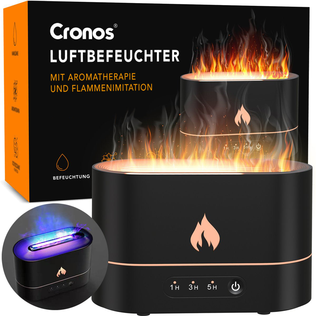 CRONOS Luftbefeuchter mit Aromatherapie (Duftdiffusor) Modell HX-853 - Simulation eines lebendigen Flammeneffekts - 2 Flammenfarben