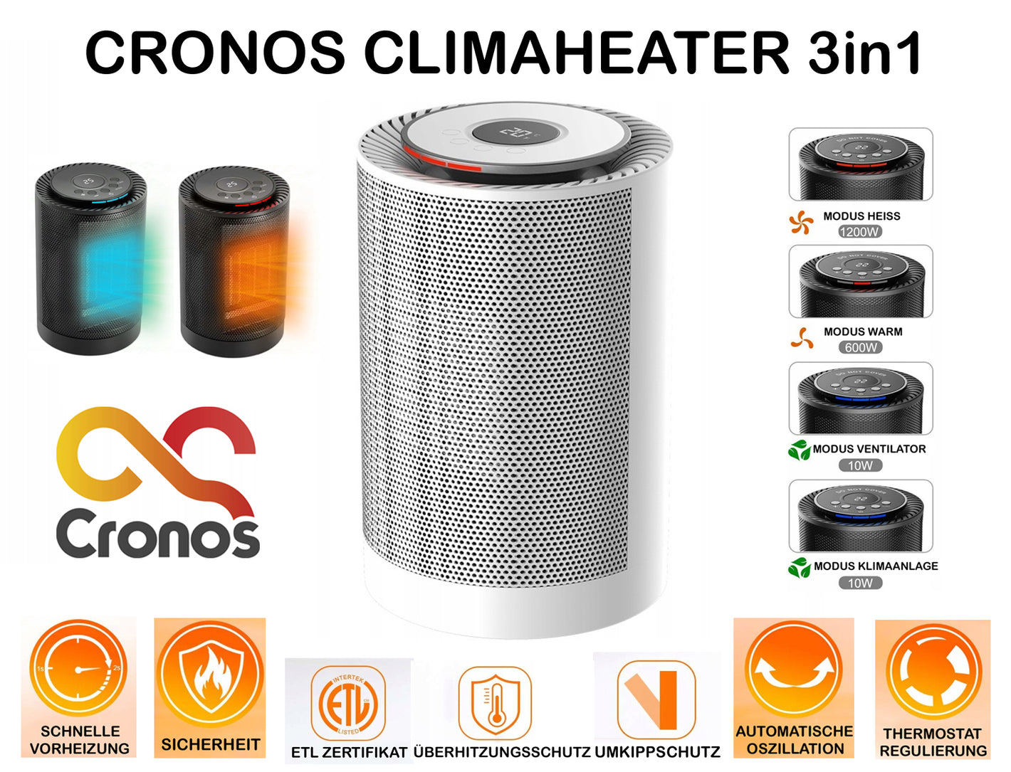 CRONOS CLIMAHEATER Mini Ceramic Fan Heater Fan and Air Conditioner 3in1 WHITE 